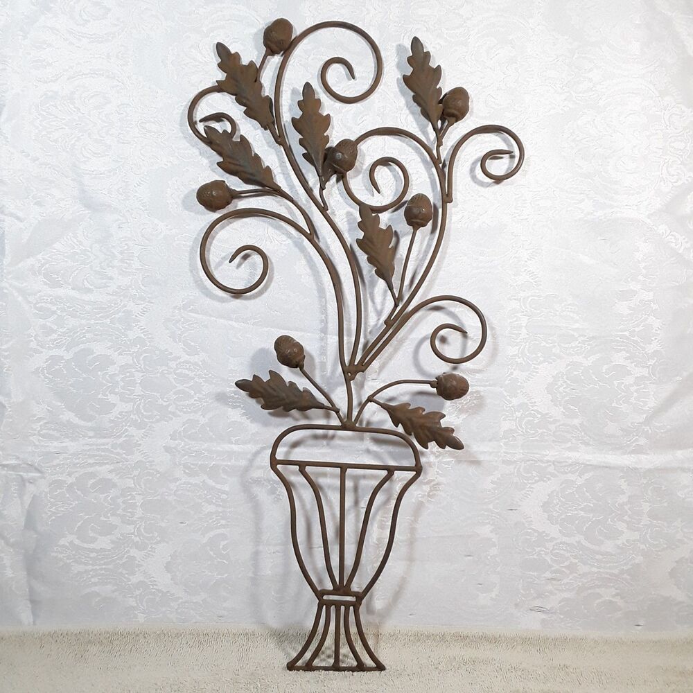 24"x 13" Metal Vase w/ Oak Leaves Acorns Spirals, Rustic Brown Floral Decor Art